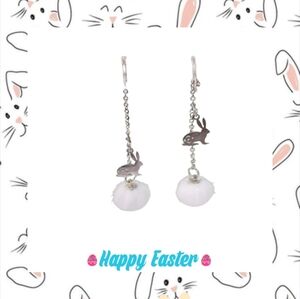 EASTER BUNNY🐇 STAINLESS STEEL COTTON TAIL DANGLE EARRINGS. TOO CUTE! HAND CRAFT
